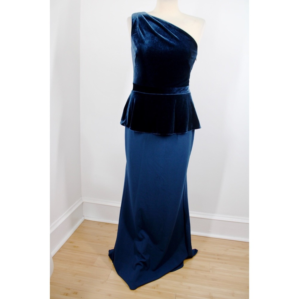 Lauren Ralph Lauren 4 Blue Velvet Peplum One Shoulder Crepe Maxi Formal Dress